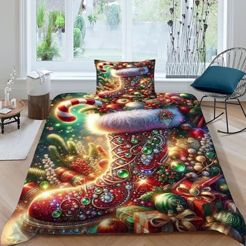 HOGDISAJD Weihnachtsstiefel Bettwäsche Weiche Feder Weihnachtsstil 3D Effekt Mit 1 Kopfkissenbezüge Luxus Bettbezug Set 2teilig Jugendliche Kinder Single（135x200cm） von HOGDISAJD