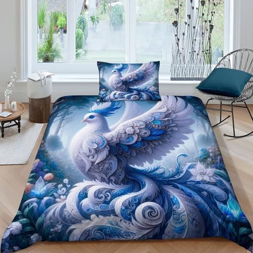 HOGDISAJD Weißer Papagei Bettbezug Weiche Feder Ice Blumen 3D Gedruckt Bettdeckenbezug + 1 Kissenbezug LuxusBettwäsche Sets 2 Stück Für Jungen Und Mädchen Single（135x200cm） von HOGDISAJD