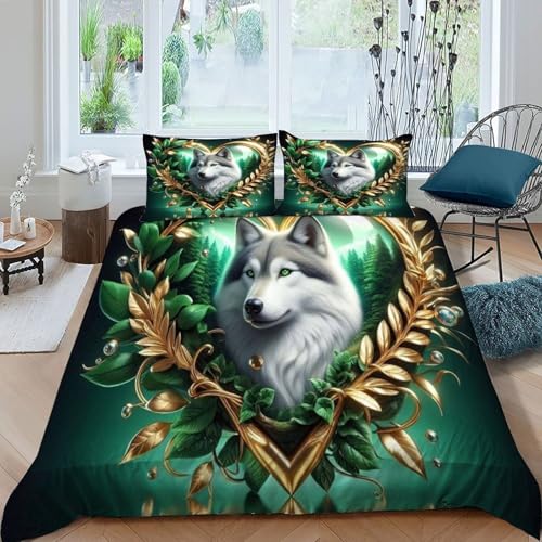 HOGDISAJD Weißer Wolf Bettwäsche Feder Grüne Serie 3D Gedruckt Bettdeckenbezug Mit 2 Kopfkissenbezüge LuxusBettwäsche Sets 3 Stück Für Jungen Und Mädchen Super König（260x220cm） von HOGDISAJD