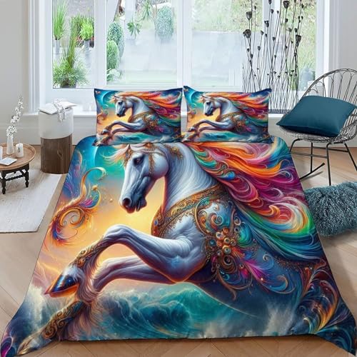 HOGDISAJD Weißes Pferd Bettwäsche Feder Tier 3D Gedruckt Bettdeckenbezug Mit 2 Kopfkissenbezüge Luxus Bettbezug Set 3teilig Für Jungen Und Mädchen Super König（260x220cm） von HOGDISAJD