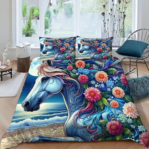 HOGDISAJD Weißes Pferd Bettwäsche Weiche Feder Bunte Blumen 3D Effekt Und 2 Kissenbezug LuxusBettwäsche Sets 3teilig Für Jungen Und Mädchen Double（200x200cm） von HOGDISAJD