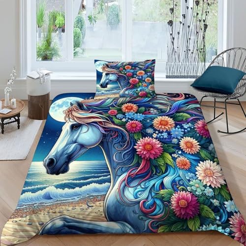 HOGDISAJD Weißes Pferd Bettwäsche Weiche Feder Bunte Blumen 3D Gedruckt Bettdeckenbezug Mit 1 Kopfkissenbezüge Luxus Bettbezug Set 2 Stück Zimmer Dekorative Single（135x200cm） von HOGDISAJD
