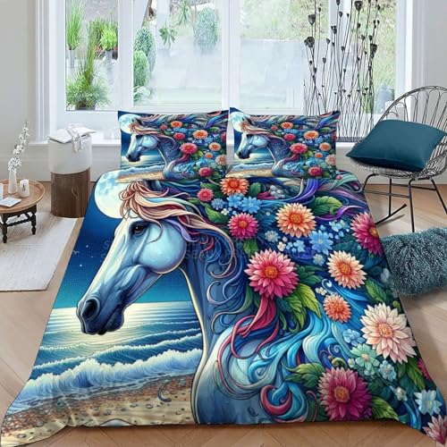 HOGDISAJD Weißes Pferd Bettwäsche Weiche Feder Bunte Blumen 3D Gedruckt Bettdeckenbezug Und 2 Kissenbezug LuxusBettwäsche Sets 3Pcs Für Jungen Und Mädchen Super König（260x220cm） von HOGDISAJD