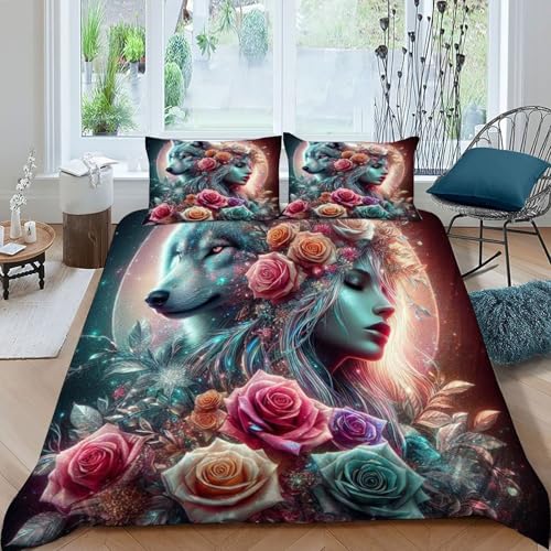 HOGDISAJD Weißes Wolf Mädchen Bettbezug Weiche Feder Bunte Blumen 3D Effekt Mit 2 Kopfkissenbezüge LuxusBettwäsche Sets 3teilig Für Jungen Und Mädchen Double（200x200cm） von HOGDISAJD
