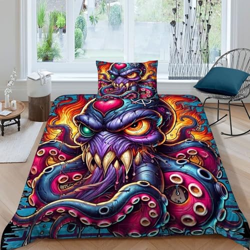 HOGDISAJD Wütender Octopus Bettbezug Weiche Feder Flamme 3D Gedruckt Bettdeckenbezug Mit Reißverschluss Luxus Bettbezug Set 2Pcs Für Jungen Und Mädchen Single（135x200cm） von HOGDISAJD