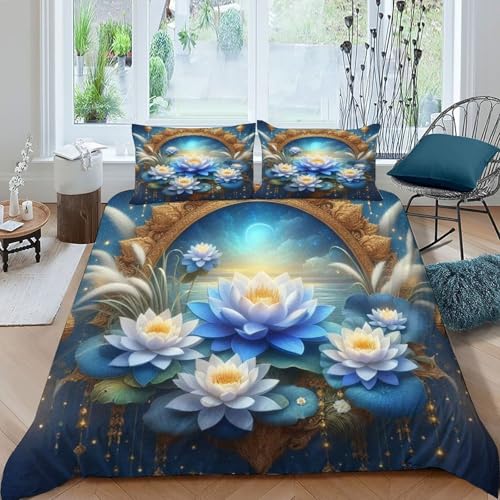HOGDISAJD blau Blumen Bettbezug Feder Pflanze 3D Gedruckt Bettdeckenbezug Mit 2 Kopfkissenbezüge Luxus Bettbezug Set 3teilig Für Jungen Und Mädchen Double（200x200cm） von HOGDISAJD