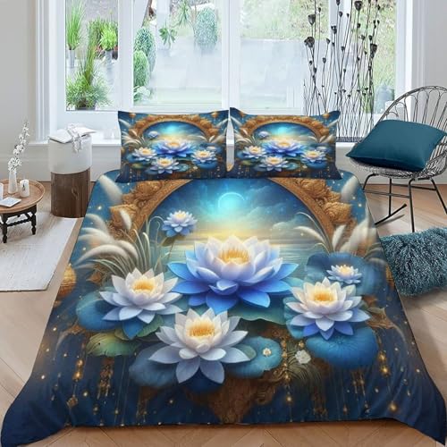 HOGDISAJD blau Blumen Bettbezug Weiche Feder Pflanze 3D Gedruckt Bettdeckenbezug Mit 2 Kopfkissenbezüge LuxusBettwäsche Sets 3Pcs Zimmer Dekorative König（220x240cm） von HOGDISAJD
