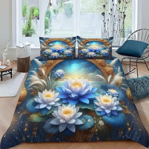 HOGDISAJD blau Blumen Bettwäsche Feder Pflanze 3D Gedruckt Bettdeckenbezug Mit 2 Kopfkissenbezüge Luxus Bettbezug Set 3teilig Für Jungen Und Mädchen Super König（260x220cm） von HOGDISAJD