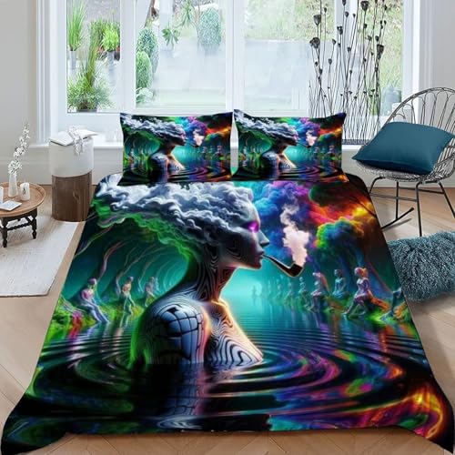 HOGDISAJD humanoid Bettbezug Feder Farbiger Rauch 3D Bettbezug Mit 2 Kopfkissenbezüge LuxusBettwäsche Sets 3 Stück Für Jungen Und Mädchen Double（200x200cm） von HOGDISAJD