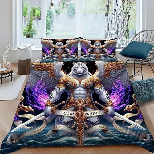 HOGDISAJD weißer Tiger Bettwäsche Feder Krone Flügel 3D Gedruckt Bettdeckenbezug Mit 2 Kopfkissenbezüge LuxusBettwäsche Sets 3 Stück Für Jungen Und Mädchen Double（200x200cm） von HOGDISAJD