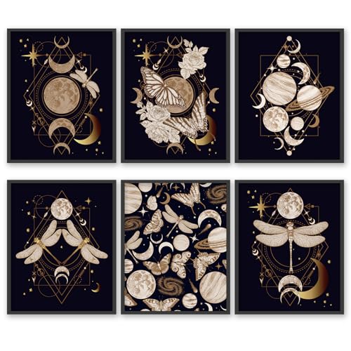 Abstrakte Leinwanddrucke, Boho goldene Farben, esoterische Alchemie, mystische Magie Poster, Halbmond, Sonne, Sterne Wanddekoration 8x10 Zoll (20.3x25.4 cm) Ungerahmt von HOGEBIG