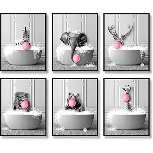 Ballon-Blasen-Tiere, lustige Badezimmer-Dekoration, humorvolle Tiere, Badezimmer-Kunstdrucke, Wanddekoration, schwarz-weiß, Wandkunst in Badewanne, Leinwand 11x14 Zoll (27.9x35.6cm) Ungerahmt von HOGEBIG