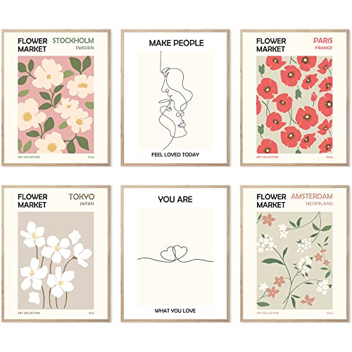 Blumenmarkt Poster Botanische Dekoration Minimalistische Wandkunst Drucke Liebespaar Thema Blumenlinie Poster Drucke Leinwand Wandkunst Bunte Blumen 11x14 Zoll (27.9x35.6cm) Ungerahmt von HOGEBIG