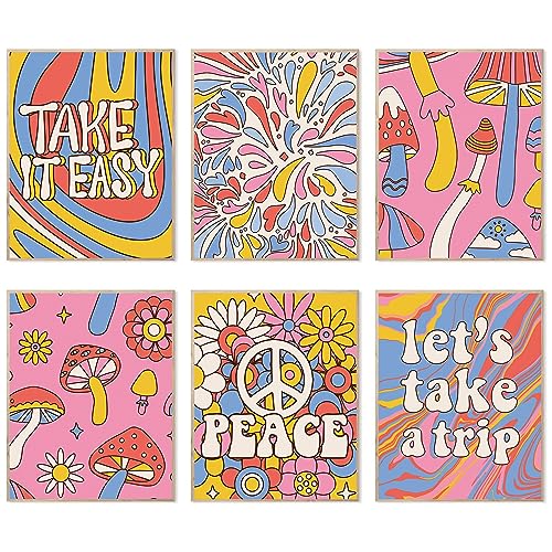 Bright Groovy Wandkunstdrucke, 70er Jahre Retro Hippie Raumdekor Poster mit psychedelischen Landschaften im Bogen, fröhliche Blumen 8x10 Zoll (20.3x25.4cm) Ungerahmt von HOGEBIG