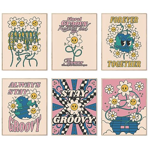 Bright Groovy Wandkunstdrucke, 70er Jahre Retro Hippie Raumdekor Poster mit psychedelischen Landschaften im Bogen, fröhliche Blumen Vintage Drucke 8 x 10 Inches (20.3 x 25.4 cm) Unframed von HOGEBIG