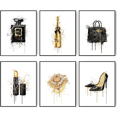 Fashion Art Aquarell-Spritzer Gold Champagner Schwarz Parfümflasche Lippenstift High Heel Wandkunst Drucke Poster Mädchen Raumdekoration Schlafzimmer 11x14 Zoll (27.9x35.6cm) Ungerahmt von HOGEBIG