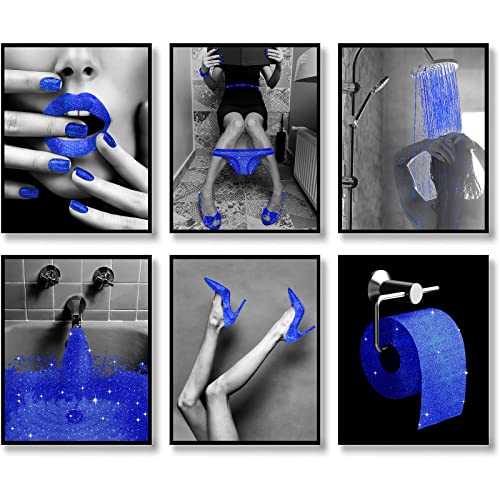 Fashion Wall Art Badezimmer Wanddekoration Drucke Glam Glitter Tissue Leinwand Poster Fotos Blau Badezimmer Bilder Kunstwerk Schwarz und Weiß Moderne Frauen 8x10 Zoll (20.3x25.4cm) Ungerahmt von HOGEBIG