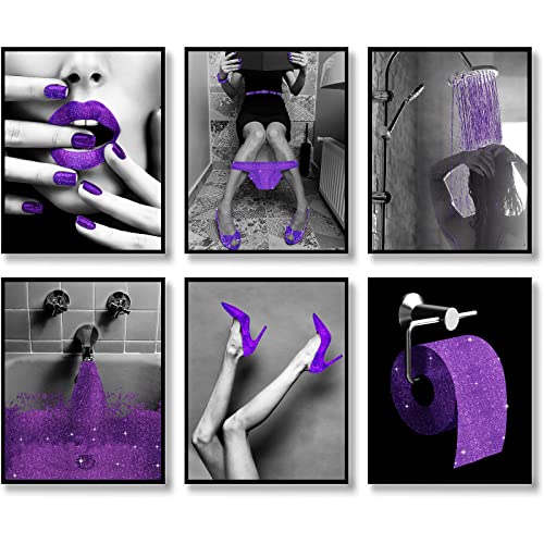 Fashion Wall Art Badezimmer Wanddekoration Drucke Glam Glitter Tissue Leinwand Poster Fotos Lila Badezimmer Bilder Kunstwerk Schwarz und Weiß Moderne 11x14 Zoll (27.9x35.6cm) Ungerahmt von HOGEBIG