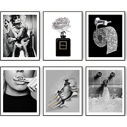 HOGEBIG Modische Wandkunstdrucke Badezimmer Dekor Grau Glam Glitzer Tissue Leinwand Poster Bilder Fotos Badezimmer Kunstwerk Wand Moderne Frauen Lustiges 8x10 Zoll (20.3x25.4cm) Ungerahmt von HOGEBIG