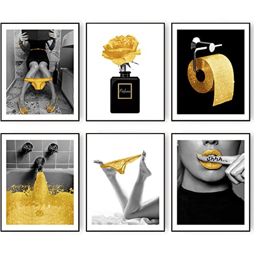 Modische Wandkunstdrucke Badezimmer Dekor Gold Glam Glitzer Tissue Leinwand Poster Bilder Fotos Kunstwerk Wand Schwarz und Weiß Moderne Frauen Lustiges 11x14 Zoll (27.9x35.6cm) Ungerahmt von HOGEBIG