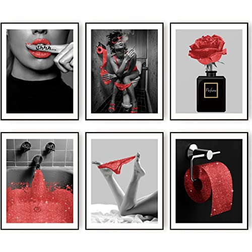 Modische Wandkunstdrucke Badezimmer Dekor Rot Glam Glitzer Tissue Leinwand Poster Bilder Fotos Kunstwerk Wand Schwarz und Weiß Moderne Frauen Lustiges 11x14 Zoll (27.9x35.6cm) Ungerahmt von HOGEBIG