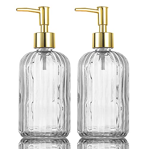 Vielseitiger Glas-Seifenspender-Flasche mit Pumpe, 500 ml, tropffreie Edelstahl-Pumpflasche, nachfüllbarer Flüssigkeits-Handdosenspender für Badezimmer, Waschküche (transparent, 2 Stück) von HOHAOO