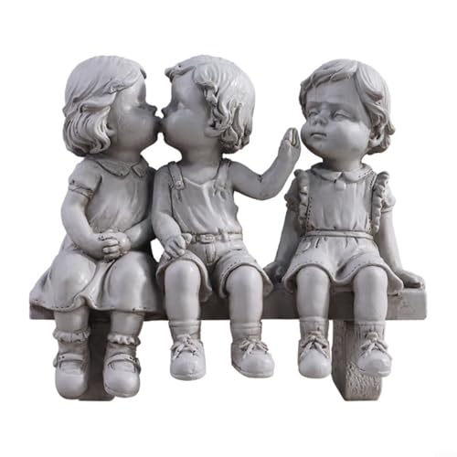 HOHOVYVY Küssende Kinder Statue Harz Kinder Skulptur Junge Und Mädchen Auf Bank Kuss Figur Wetterfest Für Garten Balkon Terrasse von HOHOVYVY