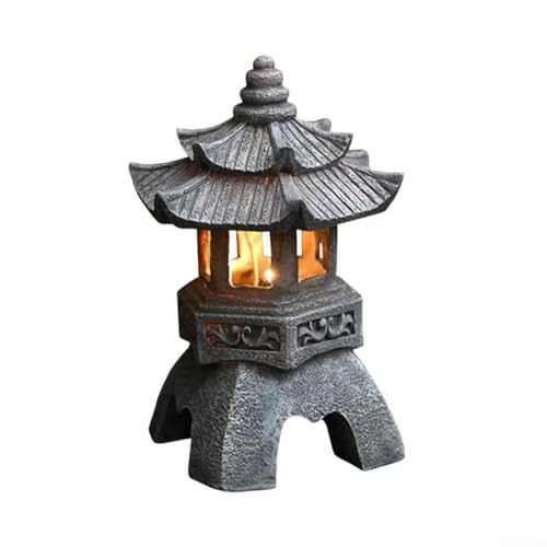 HOHOVYVY Solarbetriebene Pagoda Gartenlaterne Aus Harz, Mit LED Beleuchtung Für Zen Dekoration Im Außenbereich, Terrasse Oder Balkon 26CM Grau(topped) von HOHOVYVY