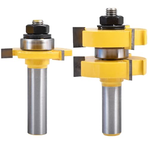 HOHXEN 2 Stück Nut und Federfräser Set, 1/2 Zoll Schaft Nut Router Bit, 3 Zähne T-Shape Holzfräser, für Graviermaschine Trimmmaschine - (1/2'' Schaft, 1/2'' & 1/4'' Zähne Breite, 1/2'' Zähne Tiefe) von HOHXEN