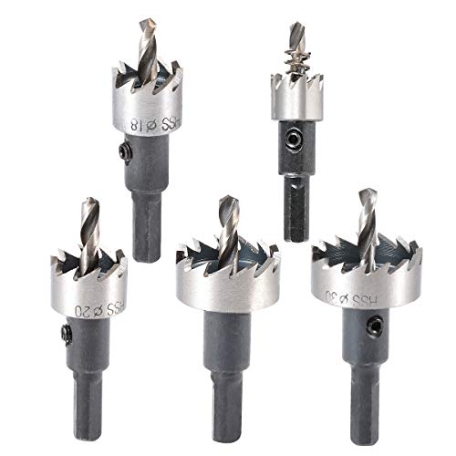 HOHXEN Hochgeschwindigkeitsstahl-Lochsägenbohrerset, HSS-Lochfräser mit Positionierungsbohrer und Sechskantschlüssel für Edelstahl, Metall, Legierungen, Gusseisen – (16/18.5/20/25/30mm, 5 Stück) von HOHXEN