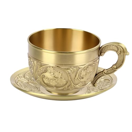 HOHXFYP Vintage Teetasse, Messing, Tasse und Untertasse mit Exquisiten Prägemustern, Elegantes Kaffeetassen Set, Teetasse für Kaffee, Tee, Cappuccino, Latte Oder Einweihungszeremonie(S-Gold) von HOHXFYP
