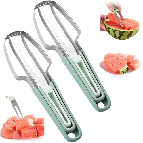 3-in-1 Obstschneider aus Edelstahl, 2024 Neu Wassermelonengabel-Schneidewerkzeug, Wassermelonen Schneider, Melonenschneider Edelstahl, Sommer Wassermelonen-Fruchtschneidegabel (Grün-2PCS) von HOIDOKLY