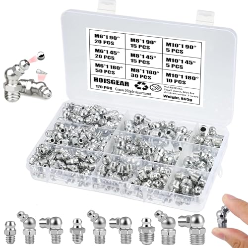 HOISGEAR 170 Stück Schmiernippel Sortiment Kit, M6 M8 M10 Gerade Abgewinkelt 45°90° Kegelschmiernippel Vernickeltes Eisen Schmiernippel Set Kegelschmiernippel für Schmierpressen mit Aufbewahrungsbox HOISGEAR 170 Stück Schmiernippel Sortiment Kit, M6 M8 M10 Gerade Abgewinkelt 45°90° Kegelschmiernippel Vernickeltes Eisen Schmiernippel Set Kegelschmiernippel für Schmierpressen mit Aufbewahrungsbox von HOISGEAR