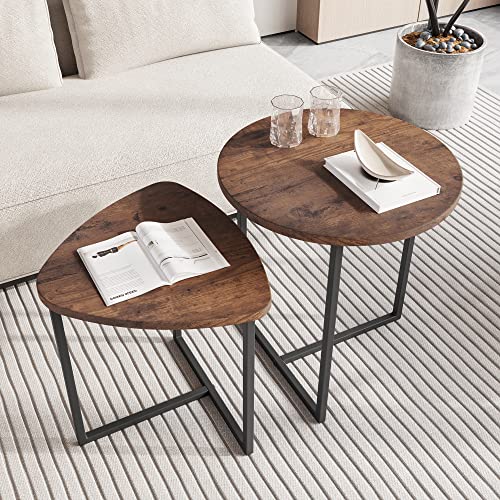 HOJINLINERO Couchtisch Rund 2 er Set,Beistelltisch Set,Sofatisch,Kaffeetisch,Metall Untergestell und Herzform Einer Tischplatte Aus Holz,Industriellen Design,Wohnzimmertisch,Modern,Schwarz+Braun von HOJINLINERO