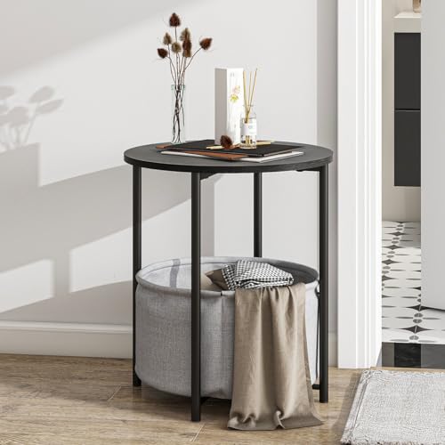 HOJINLINERO Couchtisch Rund Beistelltisch Holz,Couchtisch mit Stauraum Korb aus Stoff,Wohnzimmertisch,Beistelltisch Couch,Nachttisch,Sofatisch für Wohnzimmer Schlafzimmer,Kleiner Tisch,Schwarz + Grau von HOJINLINERO