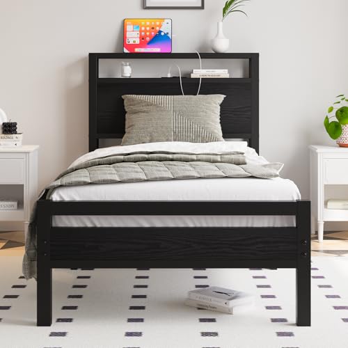 HOJINLINERO Bettgestell Metallbett 90x200 mit Lattenrost & USB Ladefunktion,Einzelbett Gästebett Jugendbett 90x200 mit Stauraum Kopfteil,Bettrahmen aus Metall Holz,Stauraumbett Bed Frame,Schwarz von HOJINLINERO