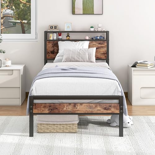 HOJINLINERO Bettgestell mit Holz Stauraum Kopfteil,Einzelbett Bettrahmen aus Metall,Bettgestell mit Lattenrost,Metallbett 90x200 Bett,Holz Stauraumbett Gästebett Jugendbett Tagesbett,Bed Frame,Schwarz von HOJINLINERO