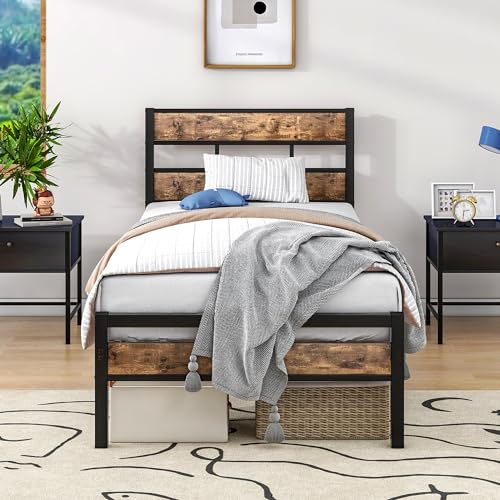 HOJINLINERO Metallbett 90x200 Bett Bettrahmen Holz Bettgestell mit Lattenrost,Bett Holz Metall Modern Gästebett Jugendbett 90x200, Vintage Braun+Schwarz von HOJINLINERO