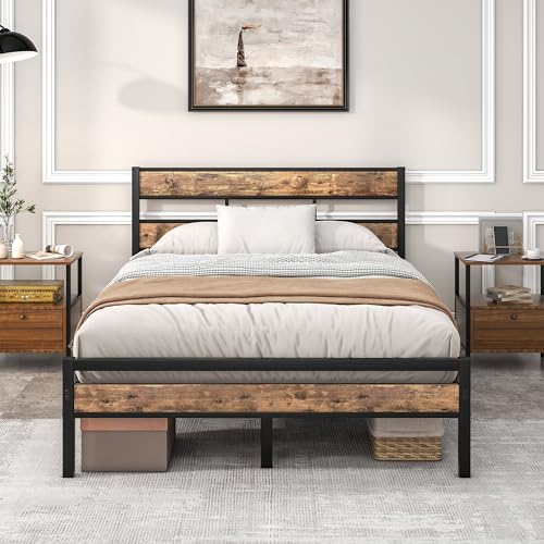 HOJINLINERO Bed Frame Metallbett Bett Bettgestell Bettrahmen 120 x 200 cm mit Lattenrost Metall/Holz Kopfteil für Schlafzimmer Gästezimmer,Doppelbett 120 x 200 cm,Vintage Braun +Schwarz von HOJINLINERO