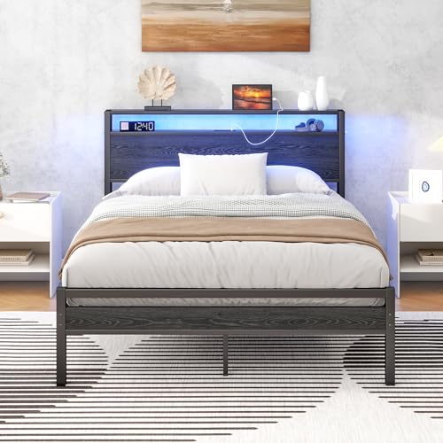 HOJINLINERO Bettrahmen aus Metall Holz,Bettgestell Metallbett 120x200 mit Lattenrost mit USB Ladefunktion und LED Beleuchtung,Doppelbett Gästebett Jugendbett mit Stauraum Kopfteil,Bett 120x200 Schwarz HOJINLINERO Bettrahmen aus Metall Holz,Bettgestell Metallbett 120x200 mit Lattenrost mit USB Ladefunktion und LED Beleuchtung,Doppelbett Gästebett Jugendbett mit Stauraum Kopfteil,Bett 120x200 Schwarz von HOJINLINERO