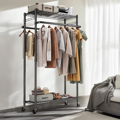 HOKEEPER Doppelter Kleiderständer, strapazierfähig, 181 kg, freistehende Kleiderstange mit verstellbaren Regalen, Seitennetz und Haken, ideal für Schlafzimmer, Garderobe, Schlafsaal zum Aufhängen von von HOKEEPER