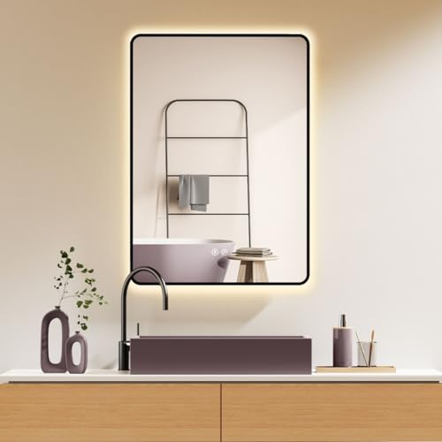 HOKO® Antibeschlag LED Badspiegel 50x70 cm/ 70x50 cm mit Schwarzer Metallrahmen, HOCH und QUER Montage möglich. Touch Schalter+Licht Wechsel 2700-6400K, Warmweiß-Kaltweiß-Neutral. von HOKO