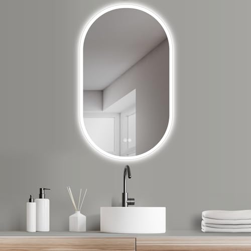 HOKO Design ANTIBESCHLAG Badezimmer Spiegel oval 50 x 90 cm. HOCH + QUER Montage möglich. Großer LED Badspiegel ohne Rahmen. Mit 2 Touch Schalter + LED Licht Wechsel - Warmweiß - Kaltweiß - Neutral von HOKO
