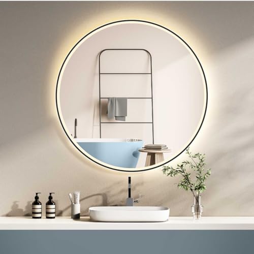 HOKO Design ANTIBESCHLAG Badspiegel rund 60 cm mit Metall Rahmen Matt Schwarz. Runder Bad Wandspiegel LED beleuchtet + Touch Schalter + LED Licht Wechsel von HOKO
