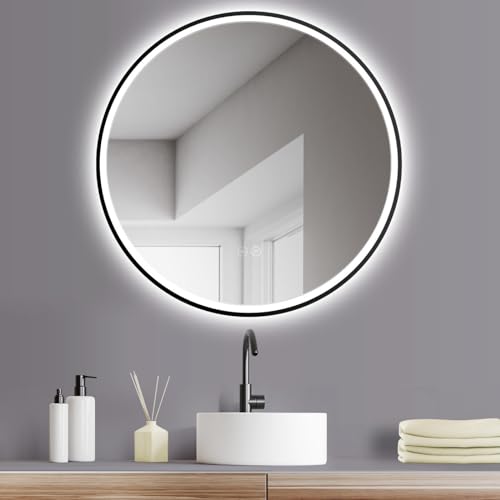 HOKO Design ANTIBESCHLAG Badspiegel rund 80 cm mit Metall Rahmen Matt Schwarz. Runder Bad Wandspiegel LED beleuchtet + Touch Schalter + LED Licht Wechsel von HOKO