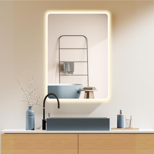 LED Badspiegel R-50x70 cm mit Weiß Rahmen, HOCH und QUER Montage möglich von HOKO