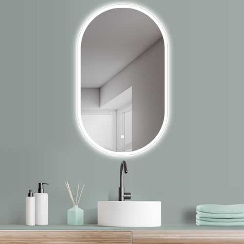 HOKO® LED Spiegel oval 50 x 90 cm. HOCH + QUER Montage. Badezimmer Spiegel aussen LED beleuchtet, ideal als Schminktisch Spiegel. + Touch Schalter + LED Licht Wechsel - Warmweiß - Kaltweiß - Neutral von HOKO