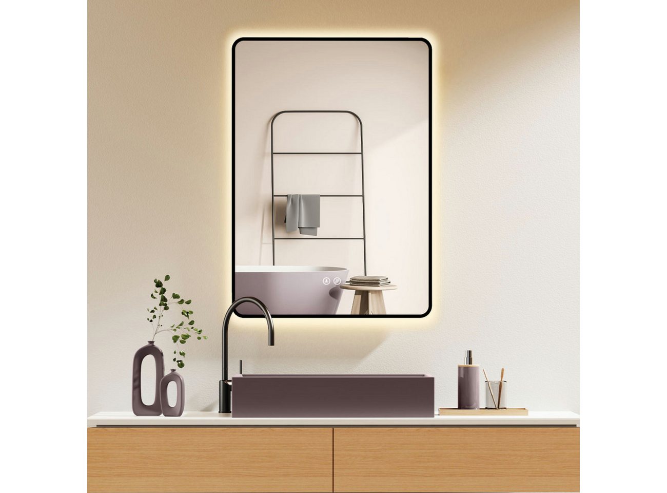 HOKO Badspiegel Antibeschlag LED 50x70 / 60x80 / 70x100 cm mit Metallrahmen (HOCH+QUER Montage. Touch Schalter+Licht Wechsel 2700-6500K, Warmweiß-Kaltweiß-Neutral. Licht mit Touch Schalter und mit Wandschalter einschaltbar, Memory-Funktion. IP44, 5mm HD Glass) von HOKO