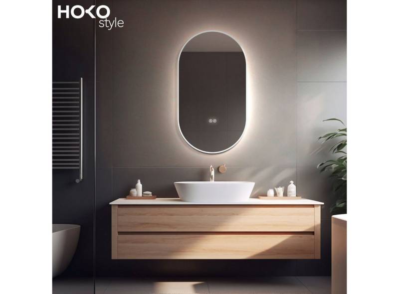 HOKO Badspiegel mit beleuchtung+Antifog, Oval Schwarz / Gold+45x75 /50x90 / 60x100 cm (Antifog + Licht Wechsel-Warmweiß - Kaltweiß - Neutral. Licht mit Touch Schalter und mit Wandschalter einschaltbar. Memory-Funktion.IP44, 4mm HD Glass.Farbtemperatur stufenlos einstellen 2700K-6500K, Energiesparend LED beleuchtet) von HOKO
