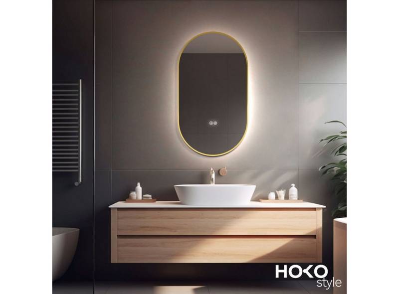 HOKO Badspiegel mit beleuchtung+Antifog, Oval Schwarz / Gold+45x75 /50x90 / 60x100 cm (Antifog + Licht Wechsel-Warmweiß - Kaltweiß - Neutral. Licht mit Touch Schalter und mit Wandschalter einschaltbar. Memory-Funktion.IP44, 4mm HD Glass.Farbtemperatur stufenlos einstellen 2700K-6500K, Energiesparend LED beleuchtet) von HOKO
